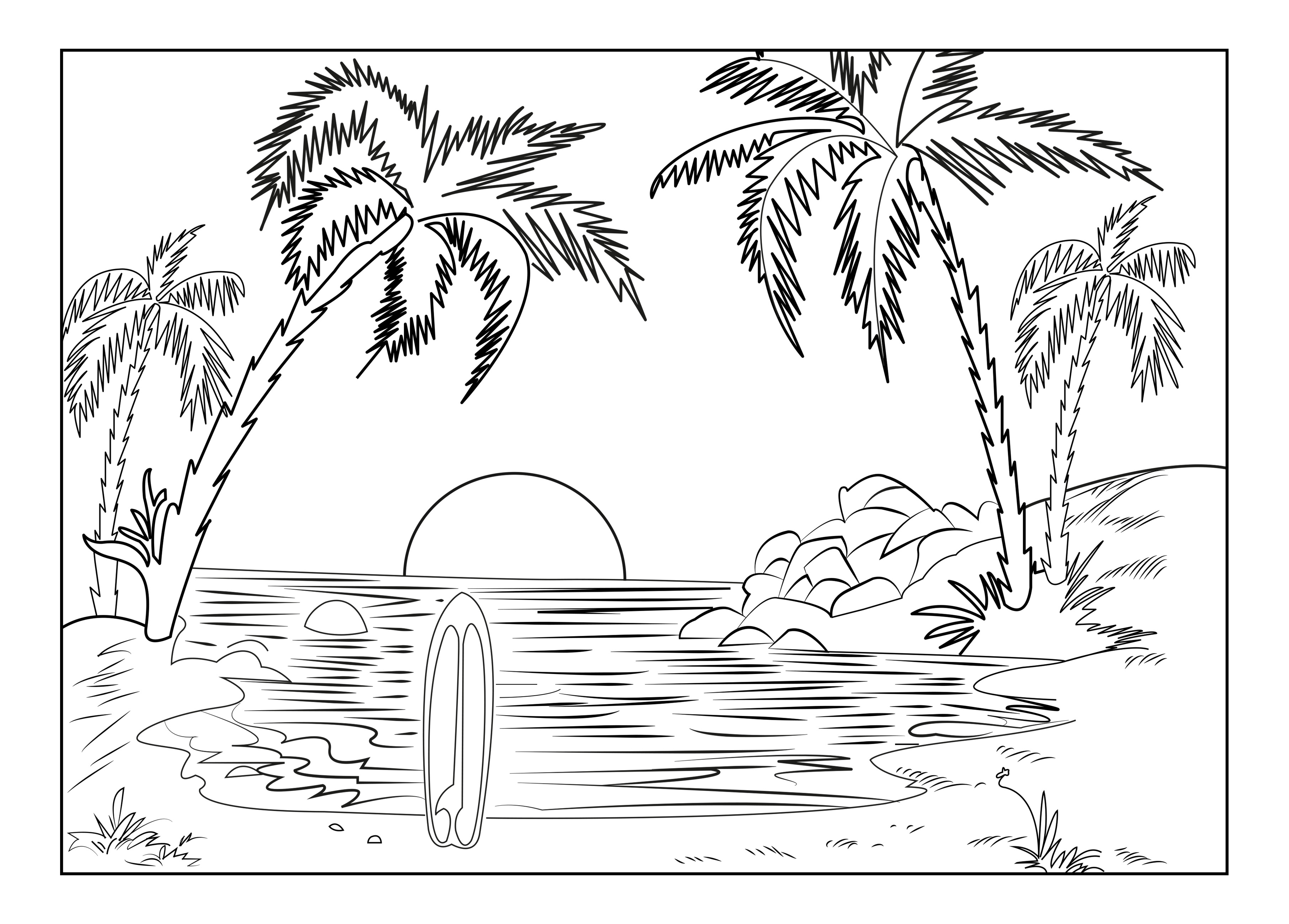 La spiaggia di un'isola paradisiaca, con palme, una tavola da surf e il sole al tramonto