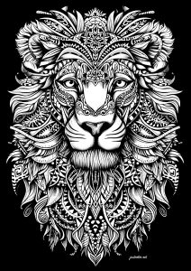 Pagina Lions da Colorare per adultos : Maestosa testa di leone su sfondo nero
