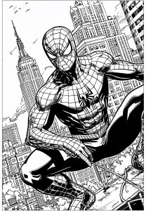 Spider-man con l'Empire State Building sullo sfondo (Pagina Libri e fumetti da Colorare)