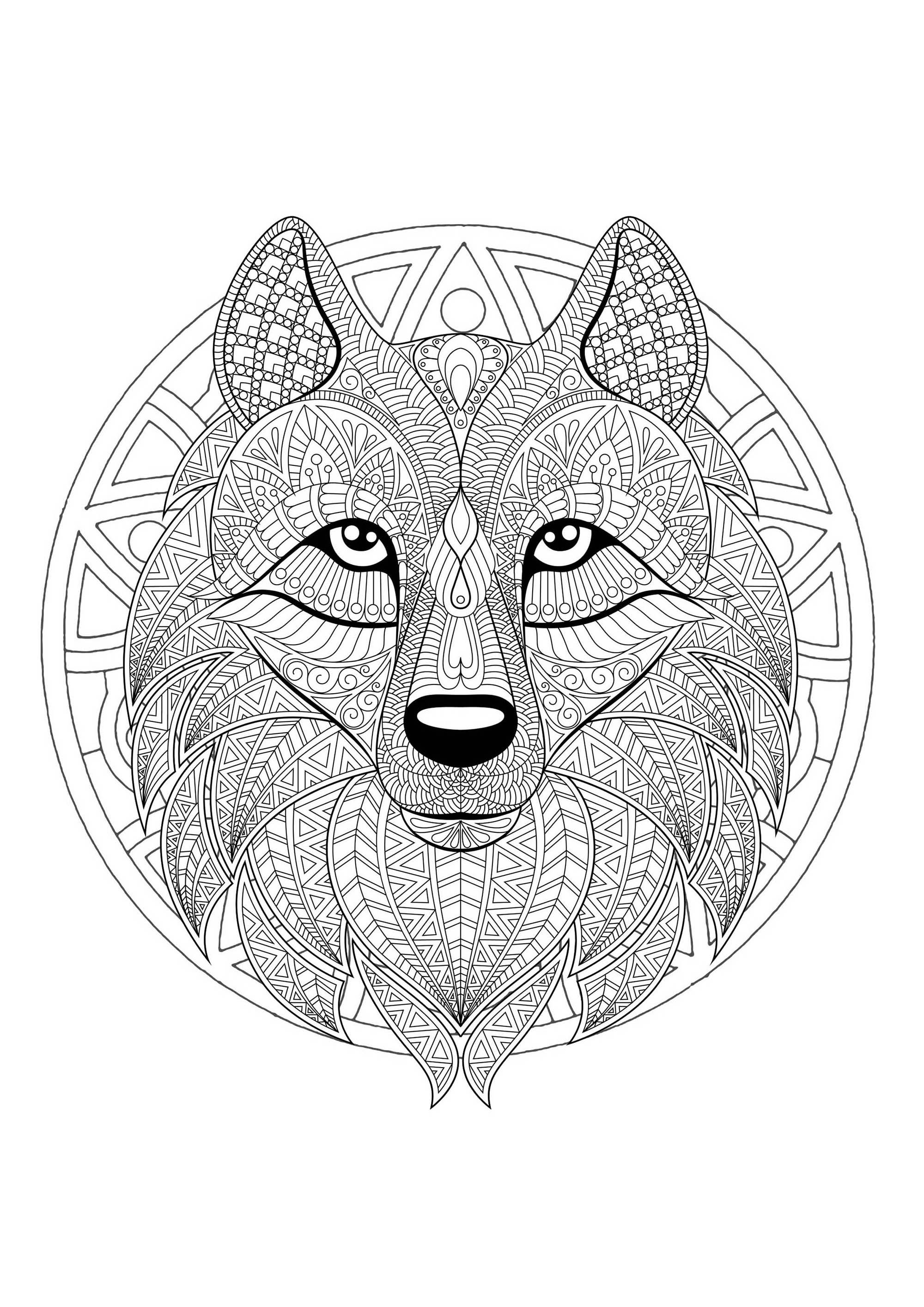 Pagina da Colorare : Mandala con motivi geometrici e testa di lupo ricca di dettagli complessi Pagina da Colorare per adultos : Mandala con motivi geometrici e testa di lupo ricca di dettagli complessi