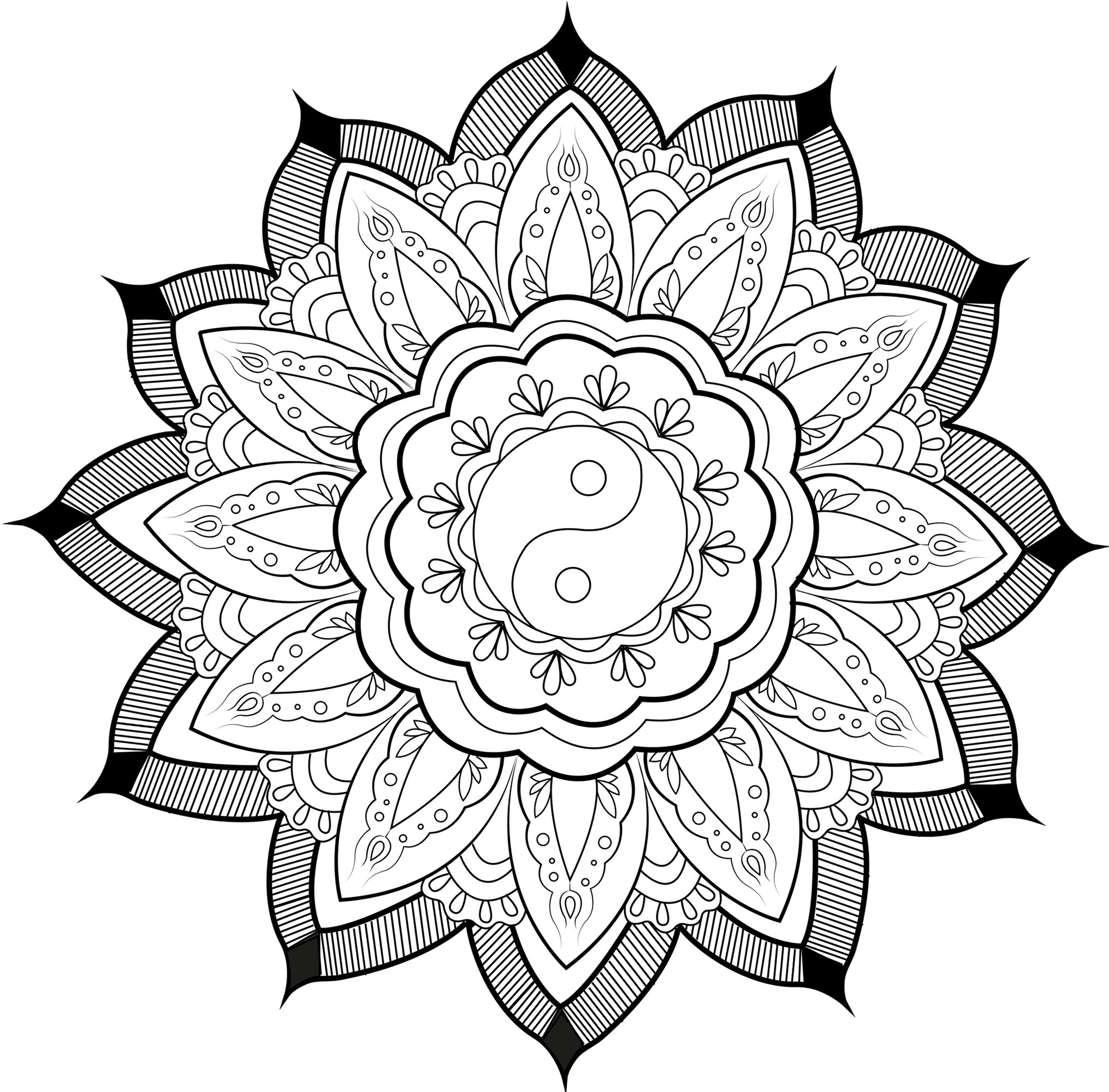 Bel mandala con un simbolo Yin & Yang al centro e belle foglie che lo circondano
