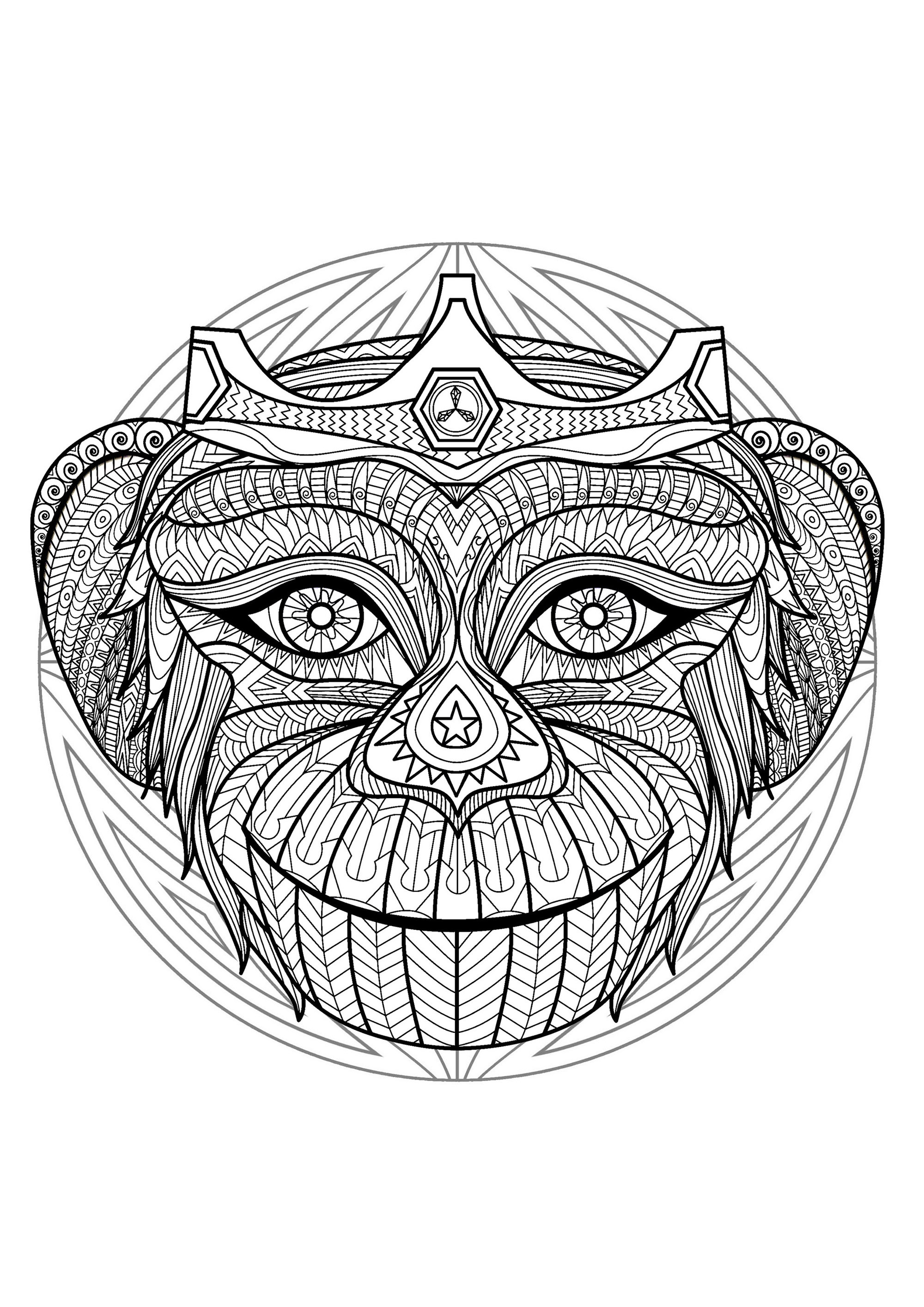 Mandala da colorare con la particolarissima testa di scimmia e semplici disegni sullo sfondo Mandala da colorare con la particolarissima testa di scimmia e semplici disegni sullo sfondo