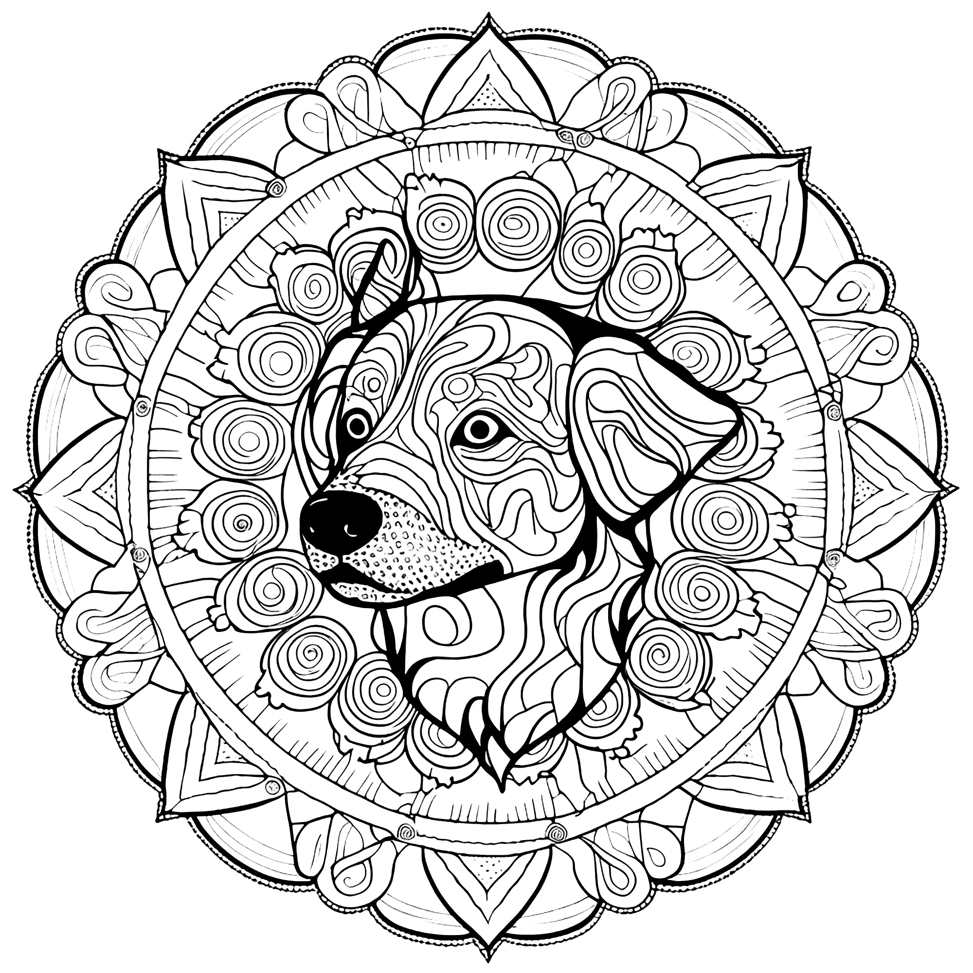 Testa di cane in un mandala (Pagina da Colorare per adultos)