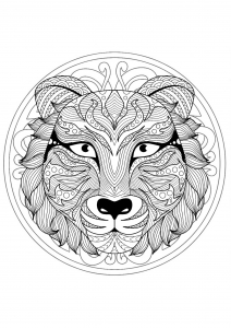 Mandala con splendida testa di lupo e motivi geometrici