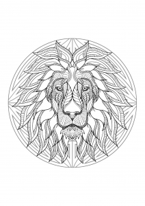 Mandala con bellissima testa di leone e motivi geometrici