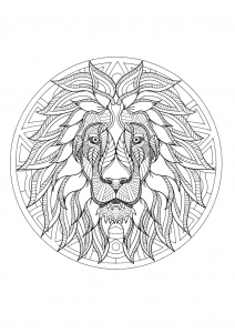 Mandala con incredibile testa di leone e motivi geometrici