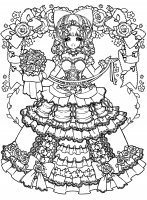 Ragazza disegnata in stile manga, con abito e motivi graziosi