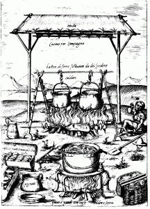 Incisione medievale di calderoni e altri utensili da cucina