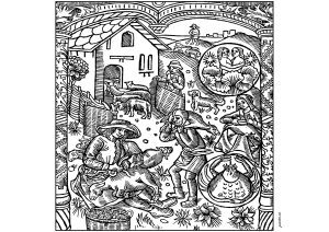 Scena di fattoria nel Medioevo (Pagina Mondi dacqua da Colorare)