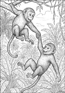 Giocare macachi nella chioma (Pagina Scimmie da Colorare)