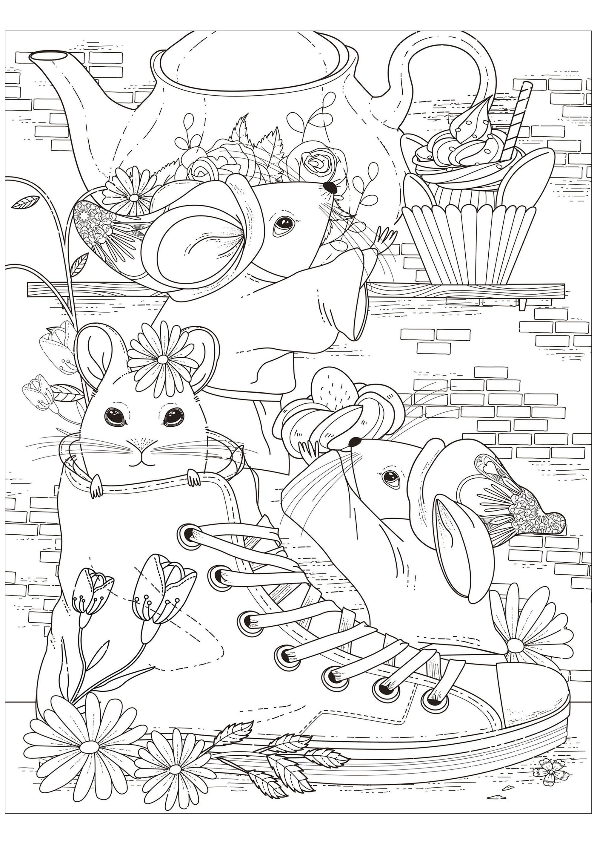 Pagina da colorare di tre topi che prendono il tè con uno di loro in una scarpa, Fonte : 123rf   Artista : Kchung