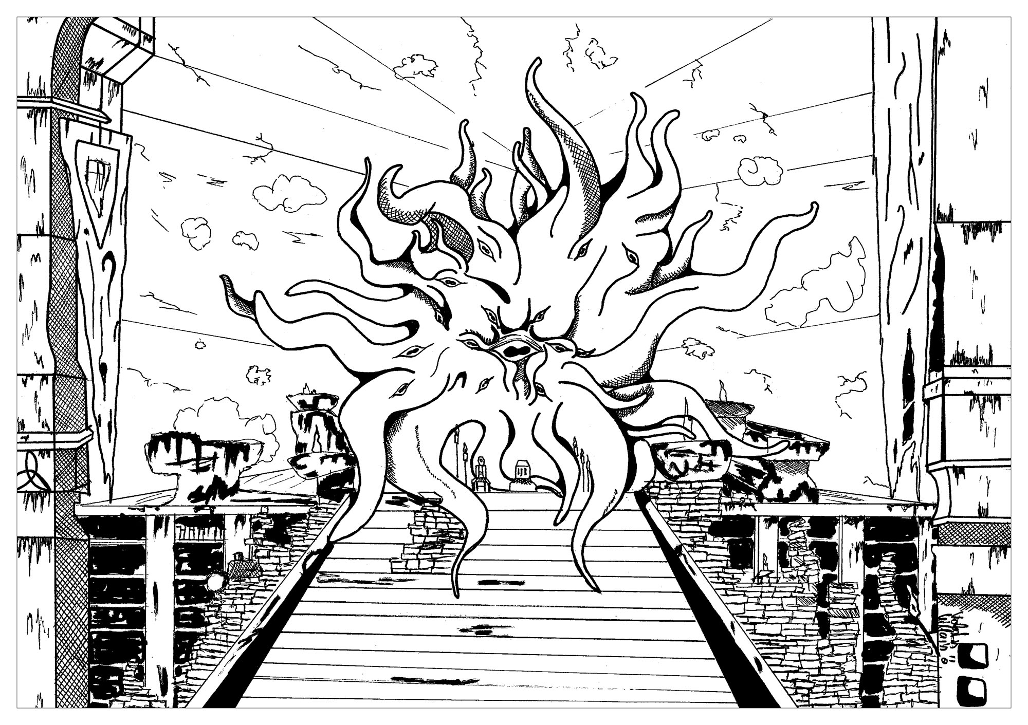 Pagina da colorare ispirata al videogioco Skyrim. Rappresentazione di Hermaeus Mora, il principe Dedra delle foreste, custode della conoscenza e della memoria, Artista : Valentin