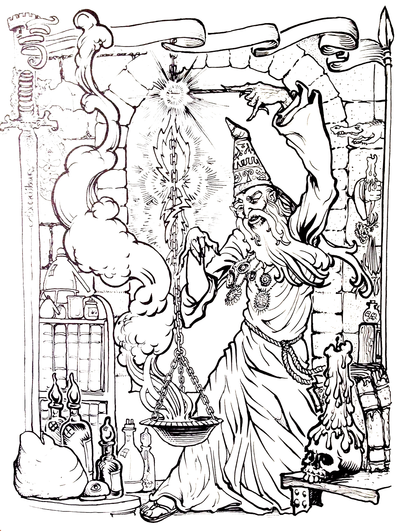 Pagina Miti e leggende da Colorare : Mago Merlino Pagina Miti e leggende da Colorare per adultos : Mago Merlino