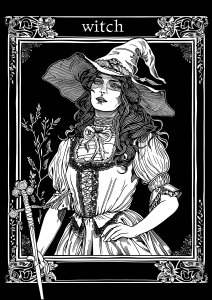 Carta dei tarocchi con strega ammaliante (Pagina Miti e leggende da Colorare)