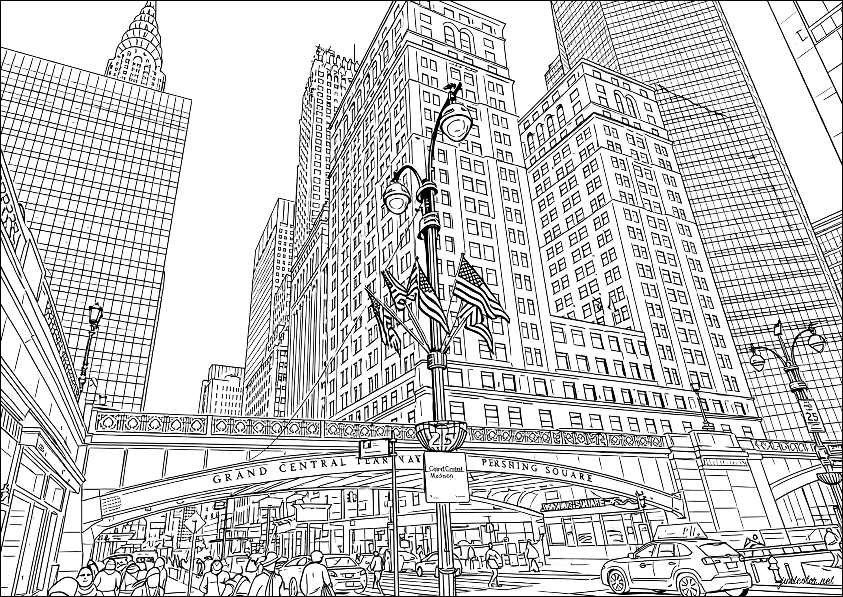 Strada vicino a Grand Central con il viadotto di Park Avenue (Pagina New York da Colorare per adultos)