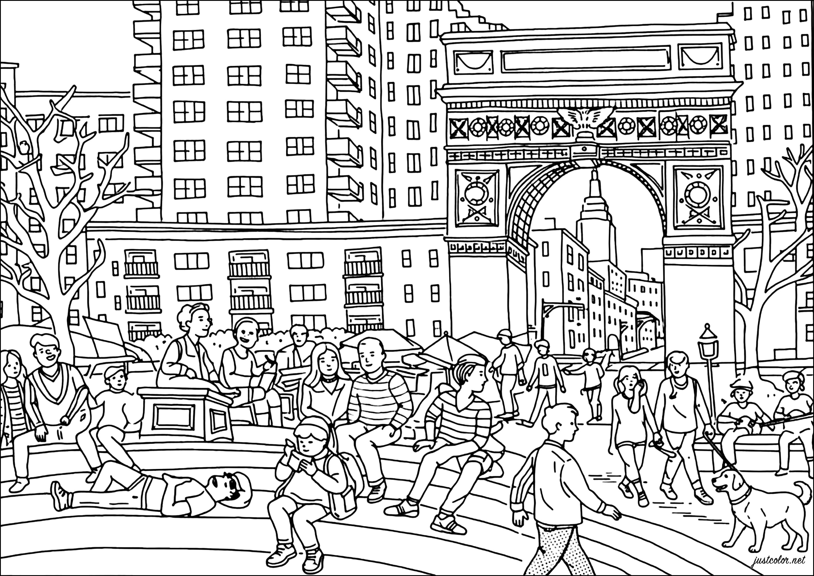Vita urbana nel Washington Square Park, attorno all'Arco di Washington Square (Pagina New York da Colorare per adultos)