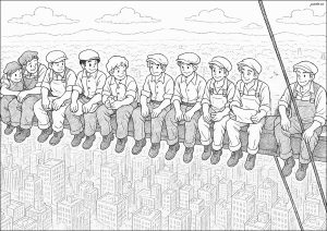 Colorazione creata a partire dalla mitica foto di operai seduti su una trave che costruiscono un grattacielo a New York. (Pagina da Colorare)