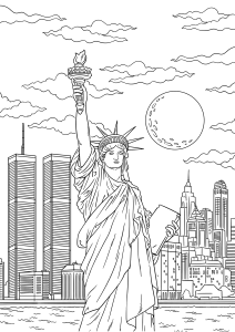 New York: Statua della Libertà e Torri Gemelle (Pagina da Colorare)