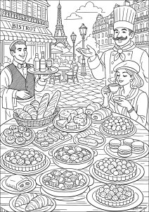 Delizie culinarie per le strade di Parigi (Pagina Paris da Colorare)