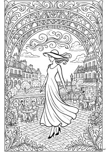 Donna a Parigi sotto la Torre Eiffel (Pagina Paris da Colorare)