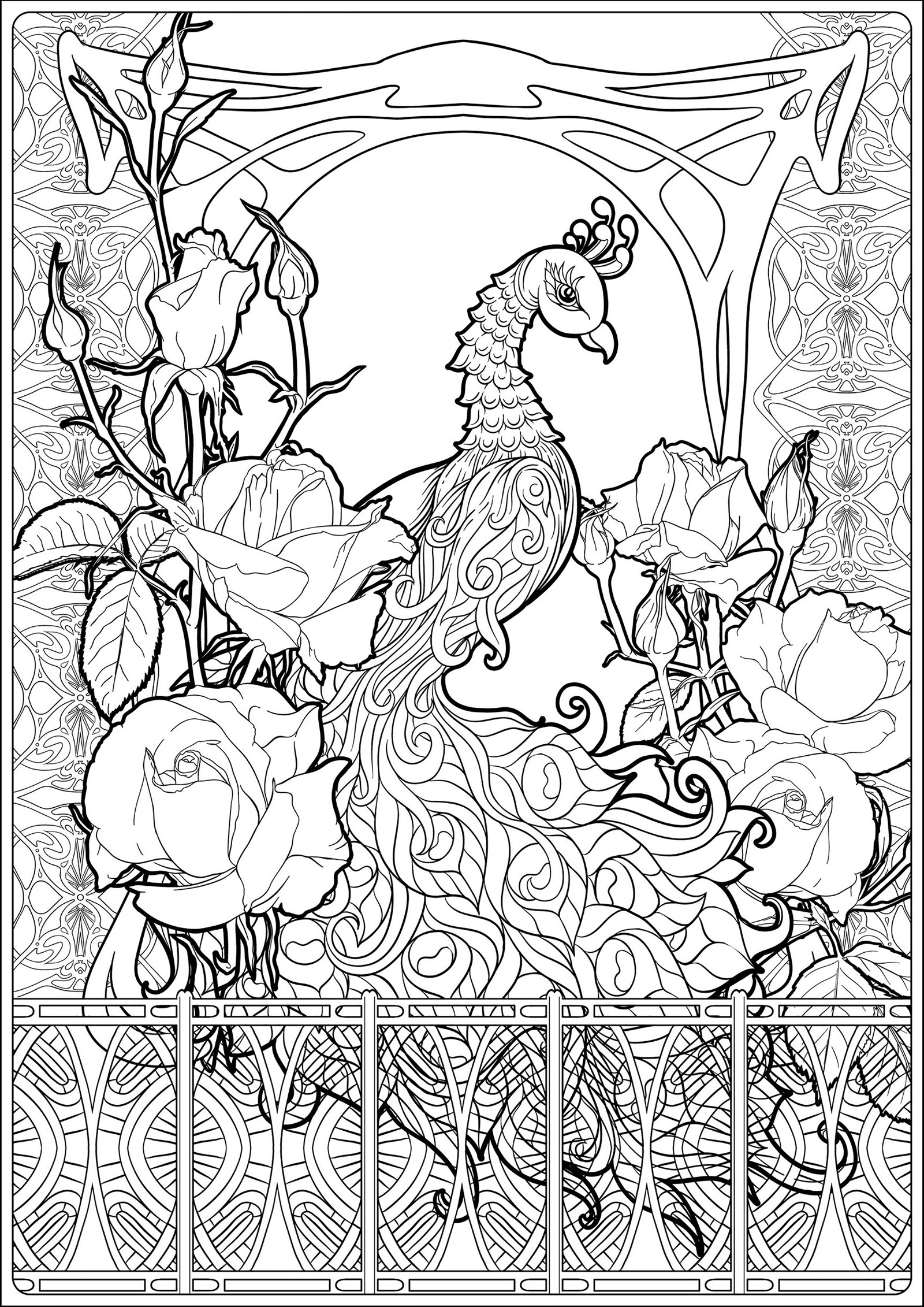 Pagina da colorare di un pavone, con molti elementi grafici legati all'Art Nouveau e belle rose, Fonte : 123rf   Artista : Helenlane