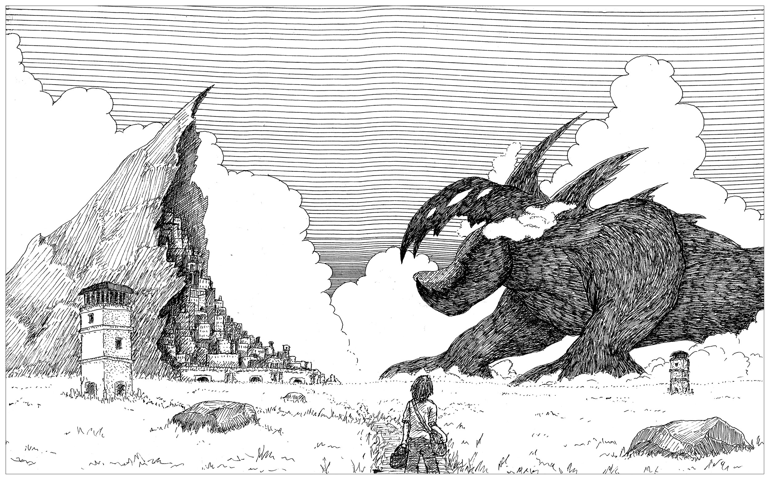 Un mostro gigante pronto a distruggere una città costruita nella roccia, Artista : Nasino