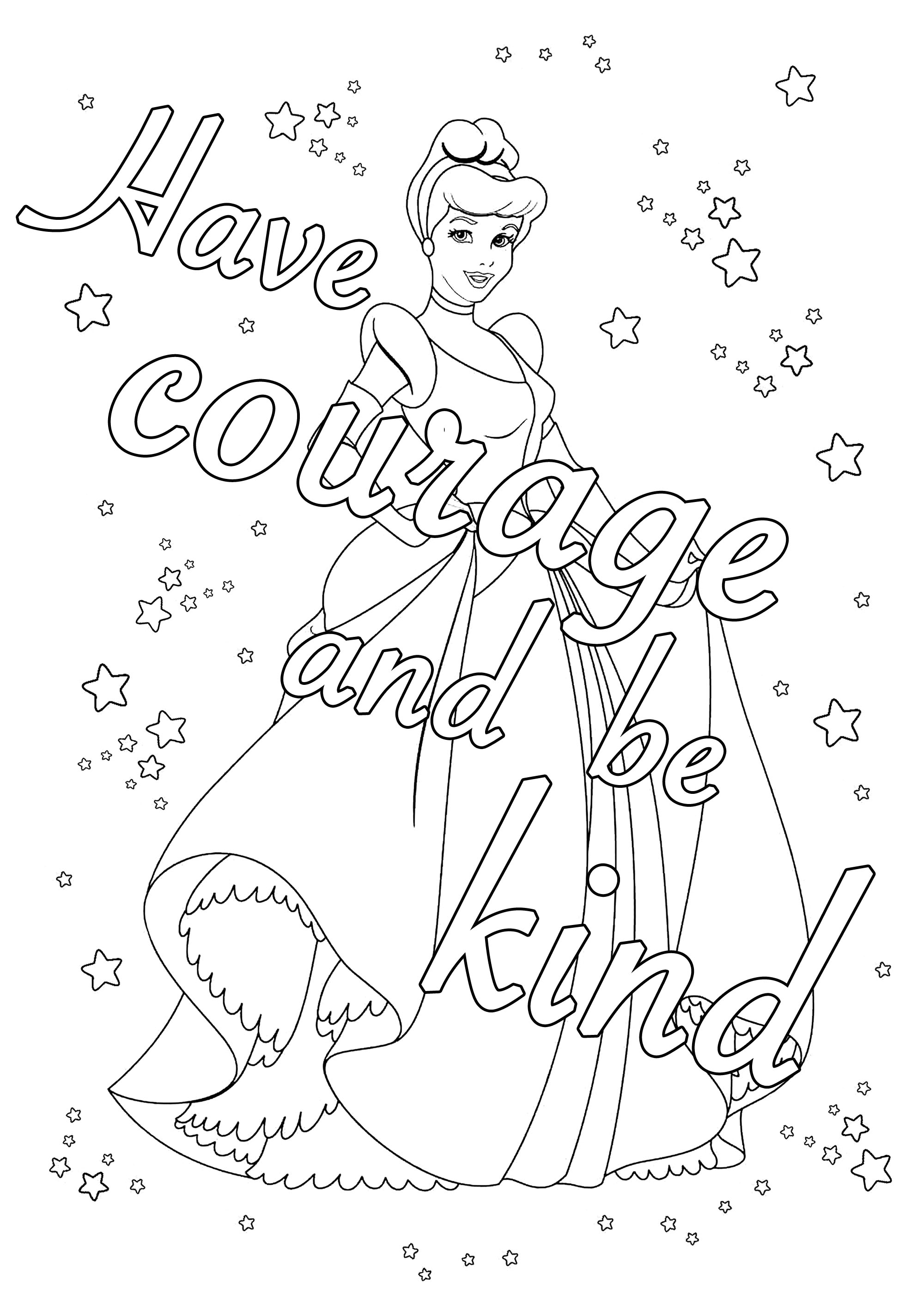 Pagina da colorare con la citazione 'Abbi coraggio e sii gentile', dalla madre di Ella in Cenerentola
