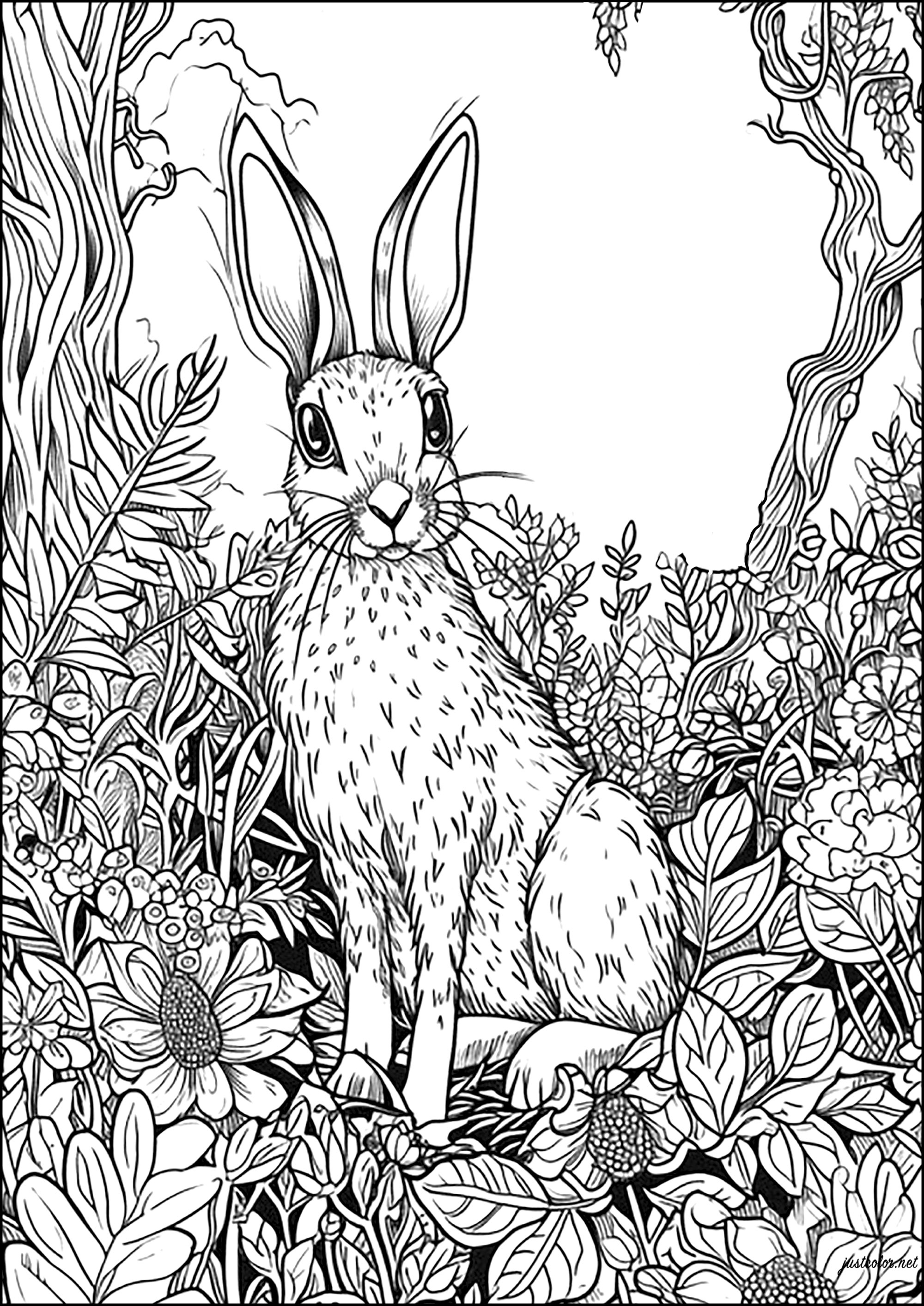 Un grosso coniglio vigile tra fiori e foglie