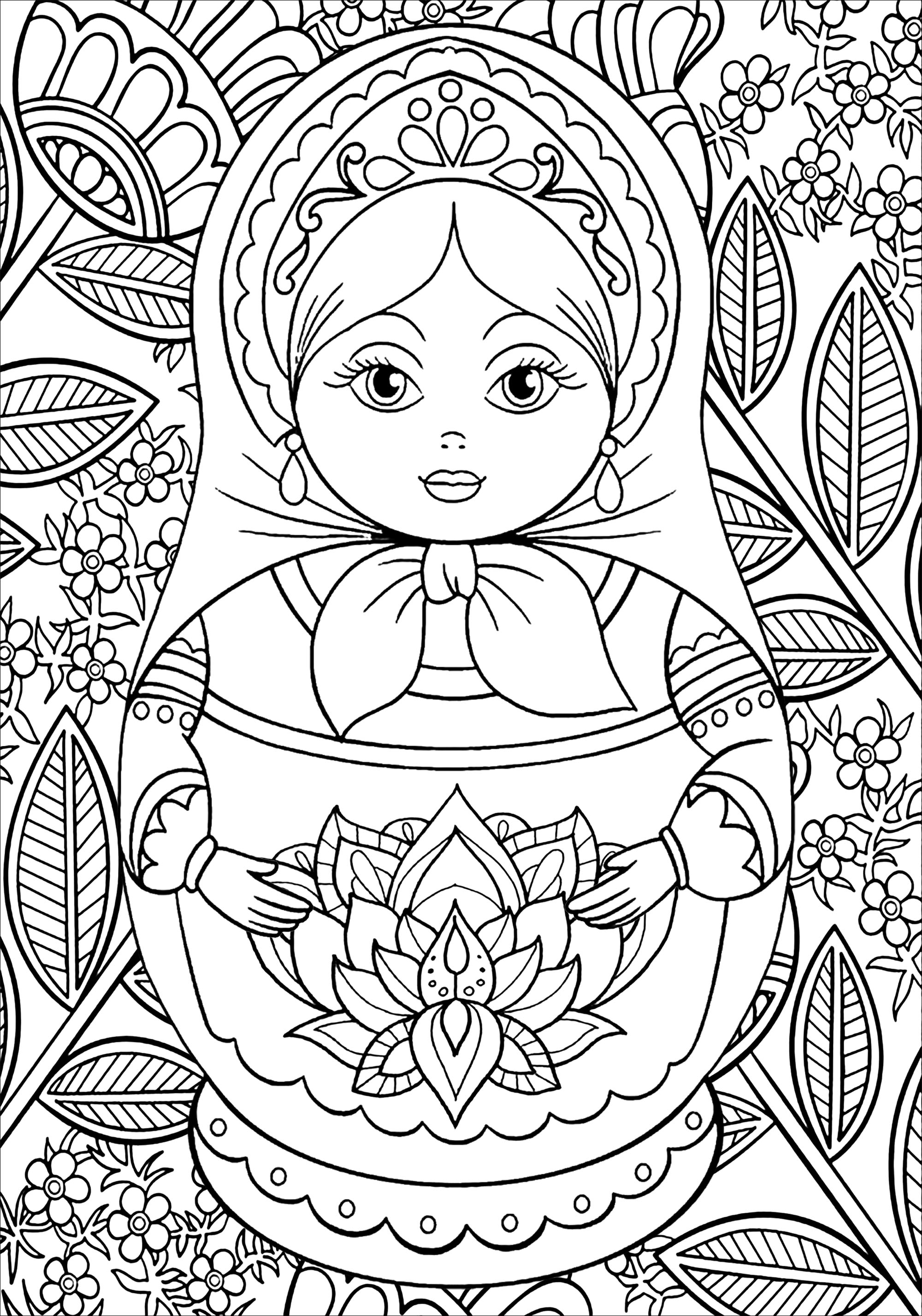 Bambola russa davanti a uno sfondo fiorito e frondoso, Artista : Alexis