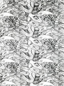 Pagina da Colorare per adultos : Disegno pieno di serpenti (molto complesso)