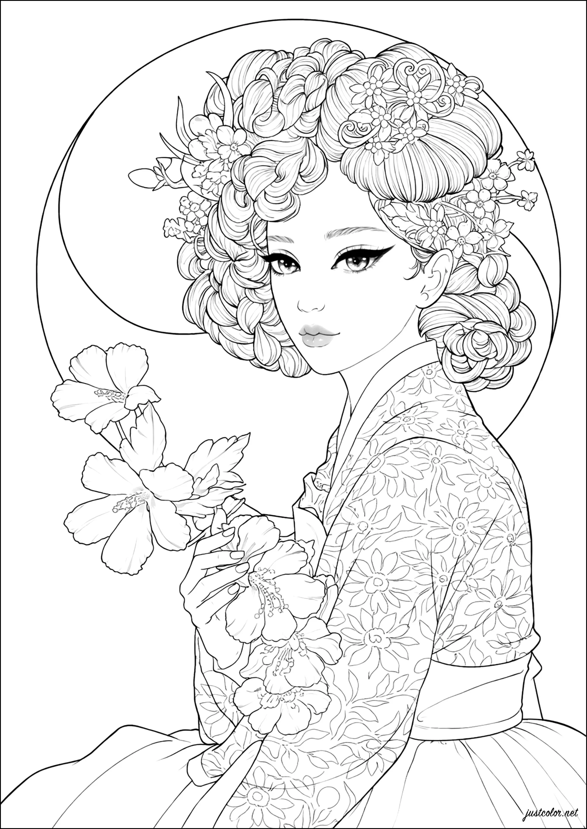 Giovane donna coreana in Hanbok (Pagina Corea del Sud da Colorare per adultos)