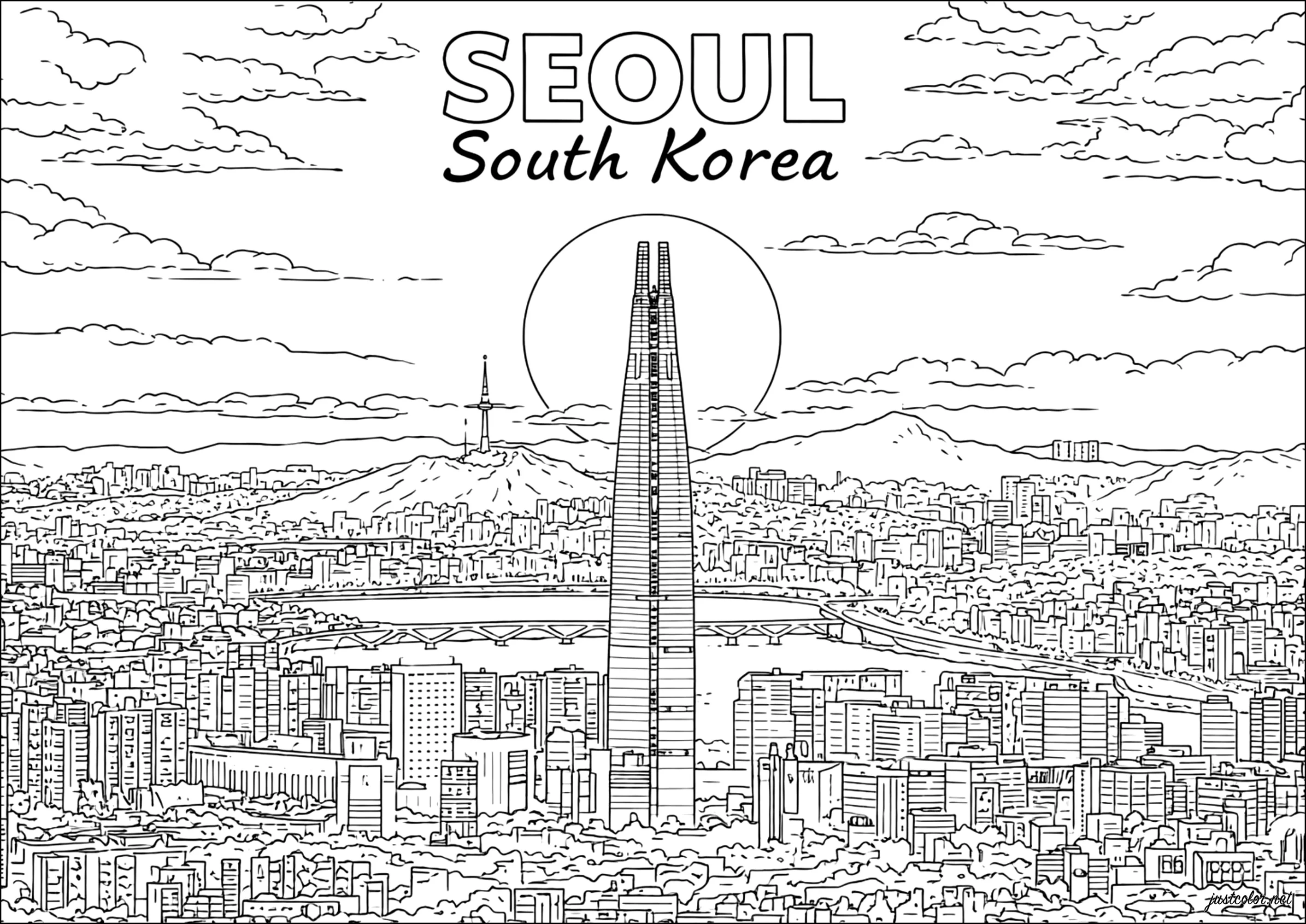 Lotte World Tower e tramonto su Seoul (Pagina Corea del Sud da Colorare per adultos)