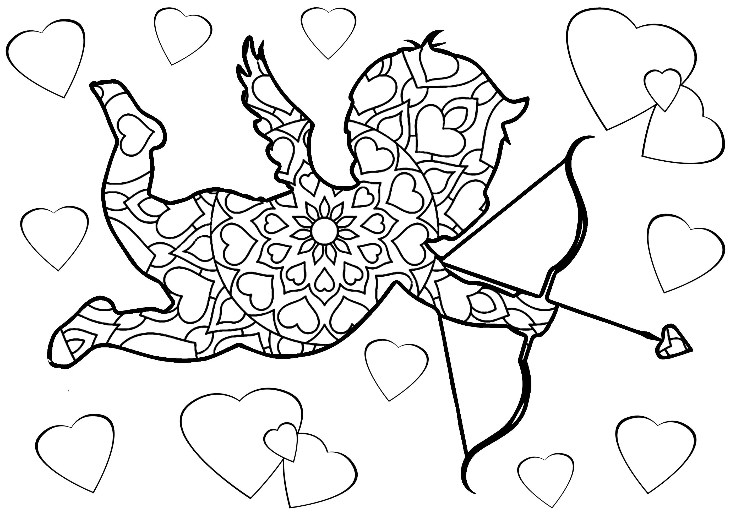 Cupido con motivi e cuori intorno (Pagina San Valentino da Colorare per adultos)