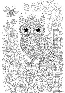 Gufo meccanico in un giardino