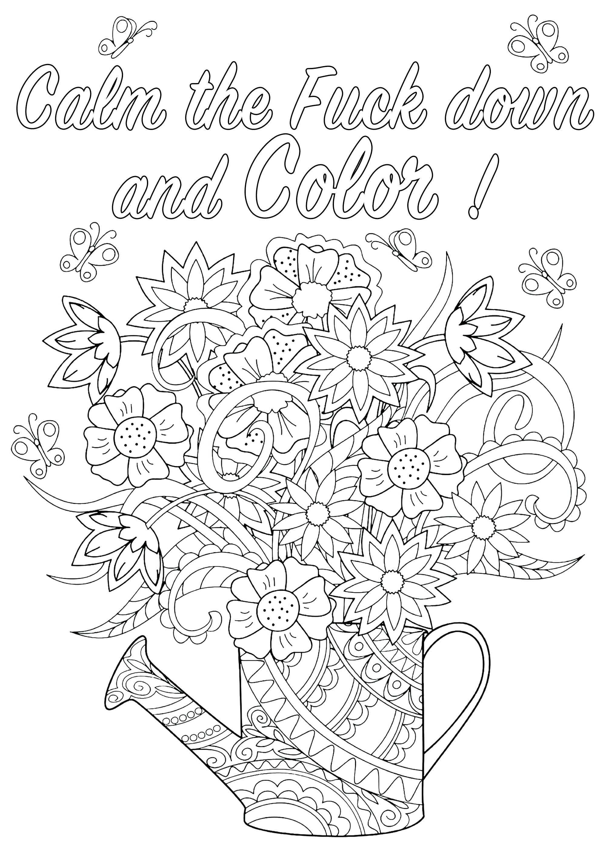 Calmati e colora: pagina da colorare di parolacce con fiori in un annaffiatoio
