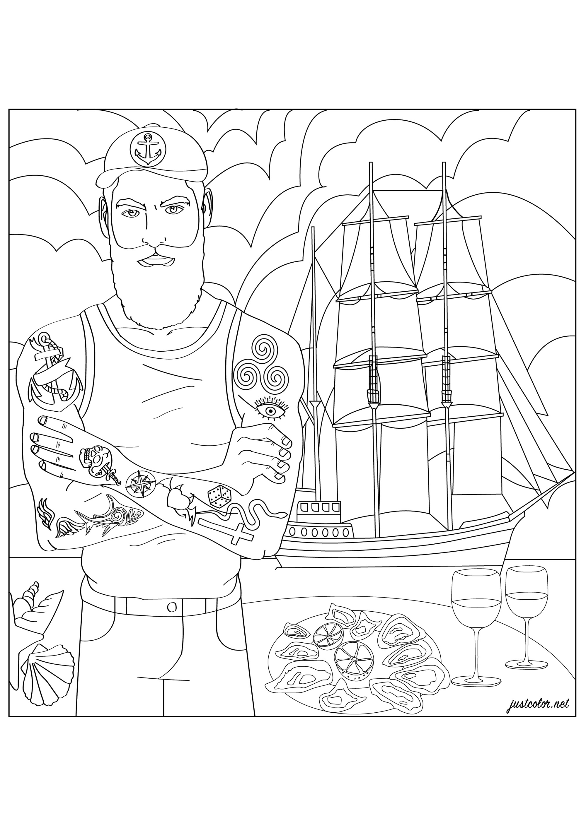 Marinaio 'hipster' che mostra i suoi tatuaggi, in riva al mare con una barca a vela a tre alberi sullo sfondo.  Pronto a mangiare un piatto di ostriche bevendo vino (con moderazione)