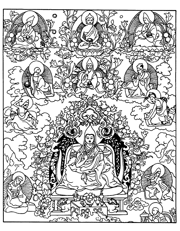 Disegno che rappresenta diverse divinità tibetane