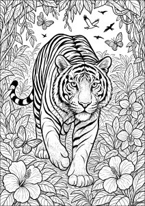 Tigre nella giungla tropicale (Pagina Tigri da Colorare)