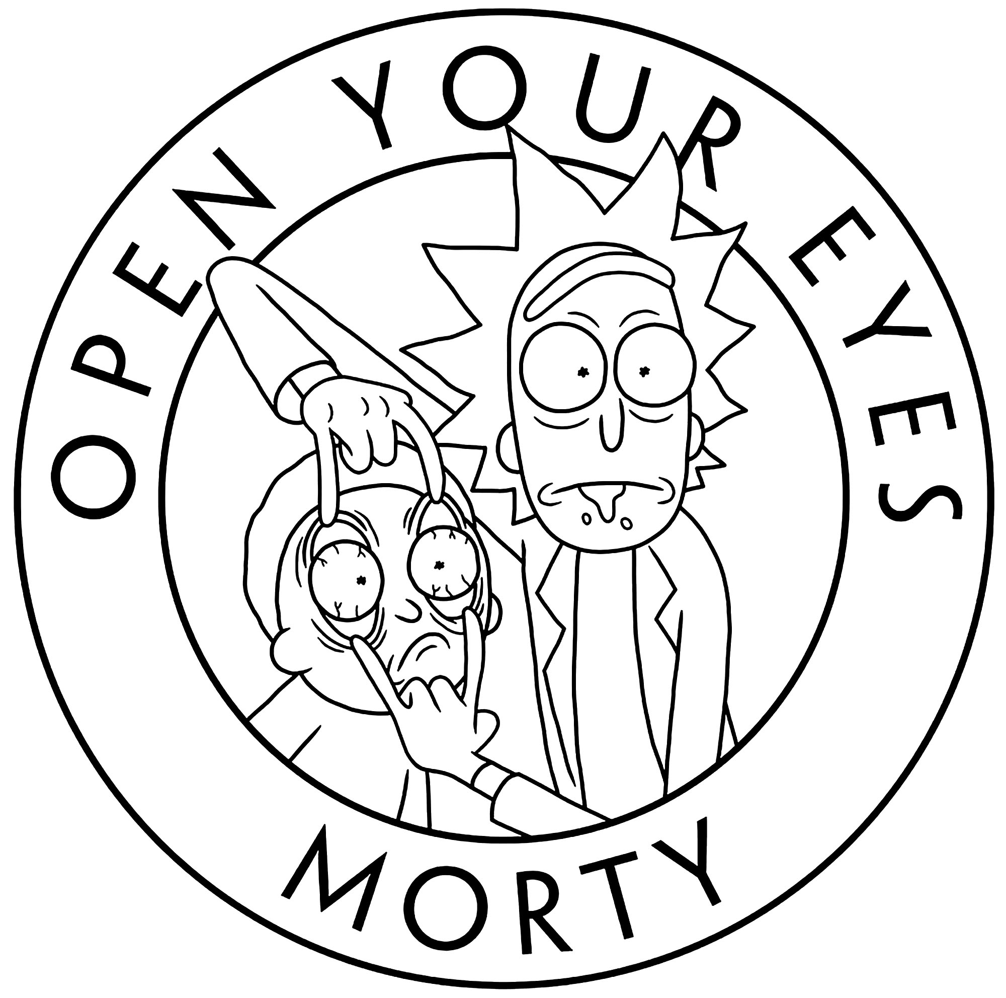 Pagina semplice da colorare con Rick e Morty e il testo 'Apri gli occhi'.