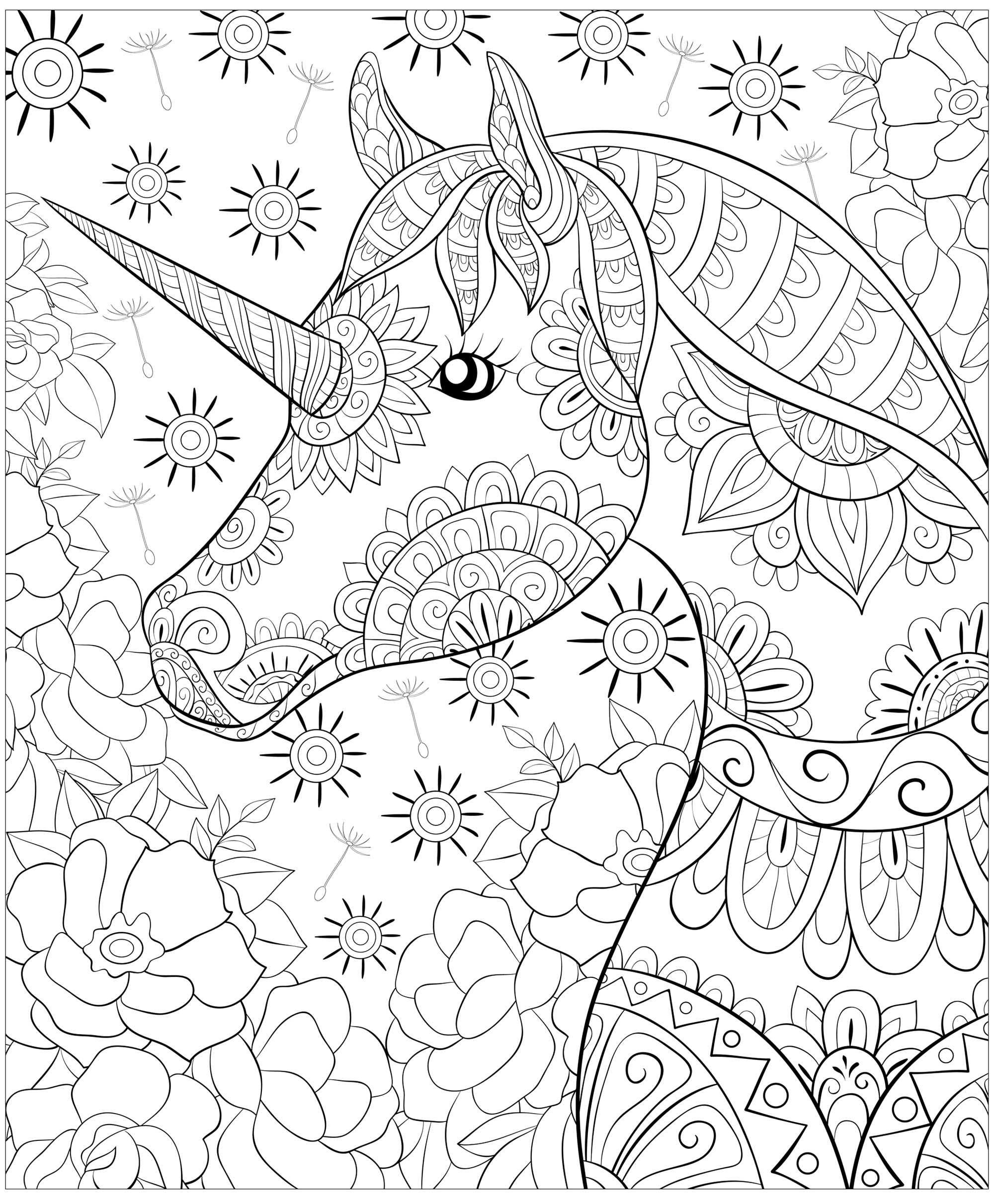 Un simpatico unicorno e uno sfondo floreale astratto. Colorate questo bellissimo unicorno e tutti questi vari fiori, Artista : Nonuzza   Fonte : 123rf