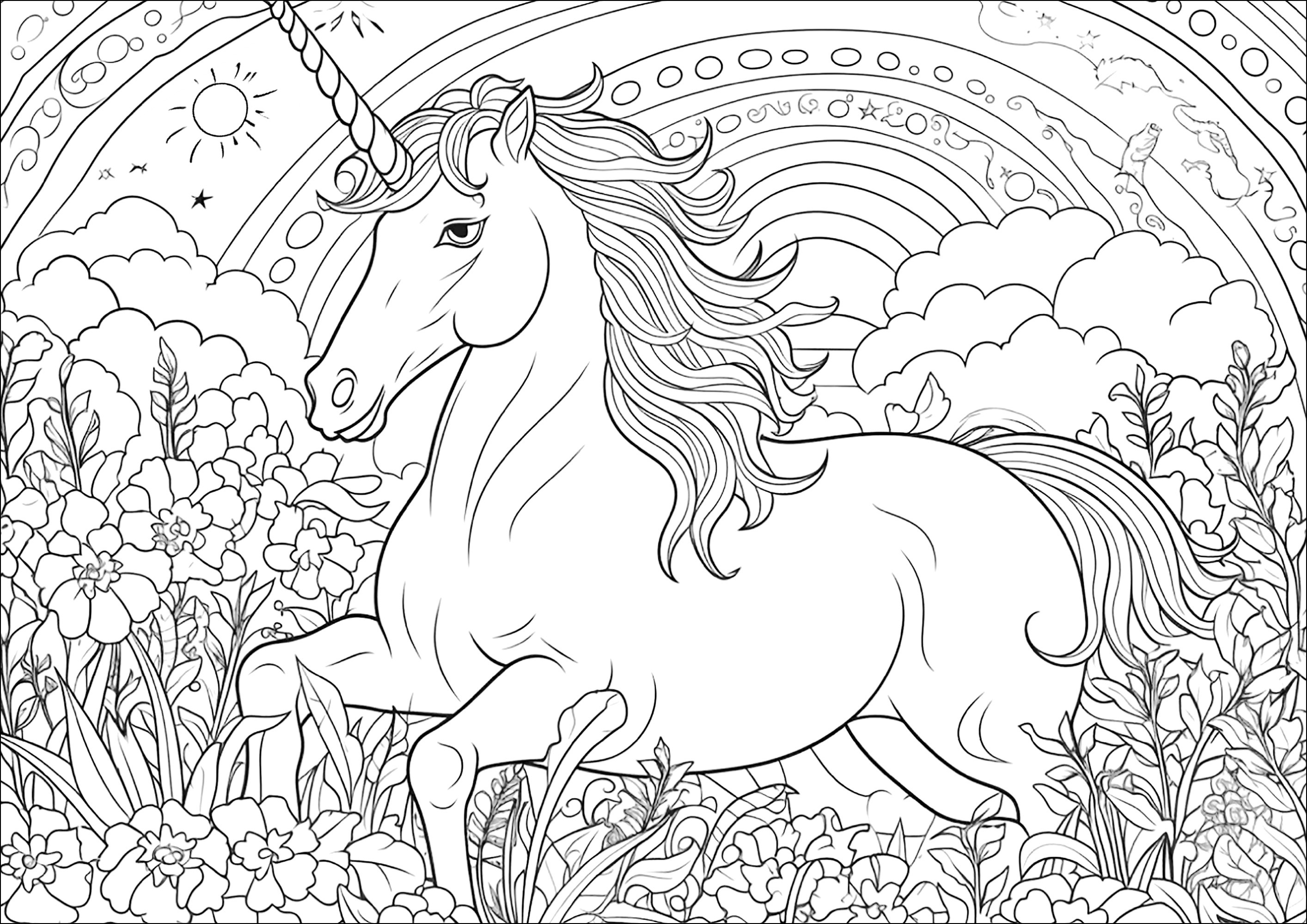 Unicorno al galoppo con arcobaleno e vegetazione