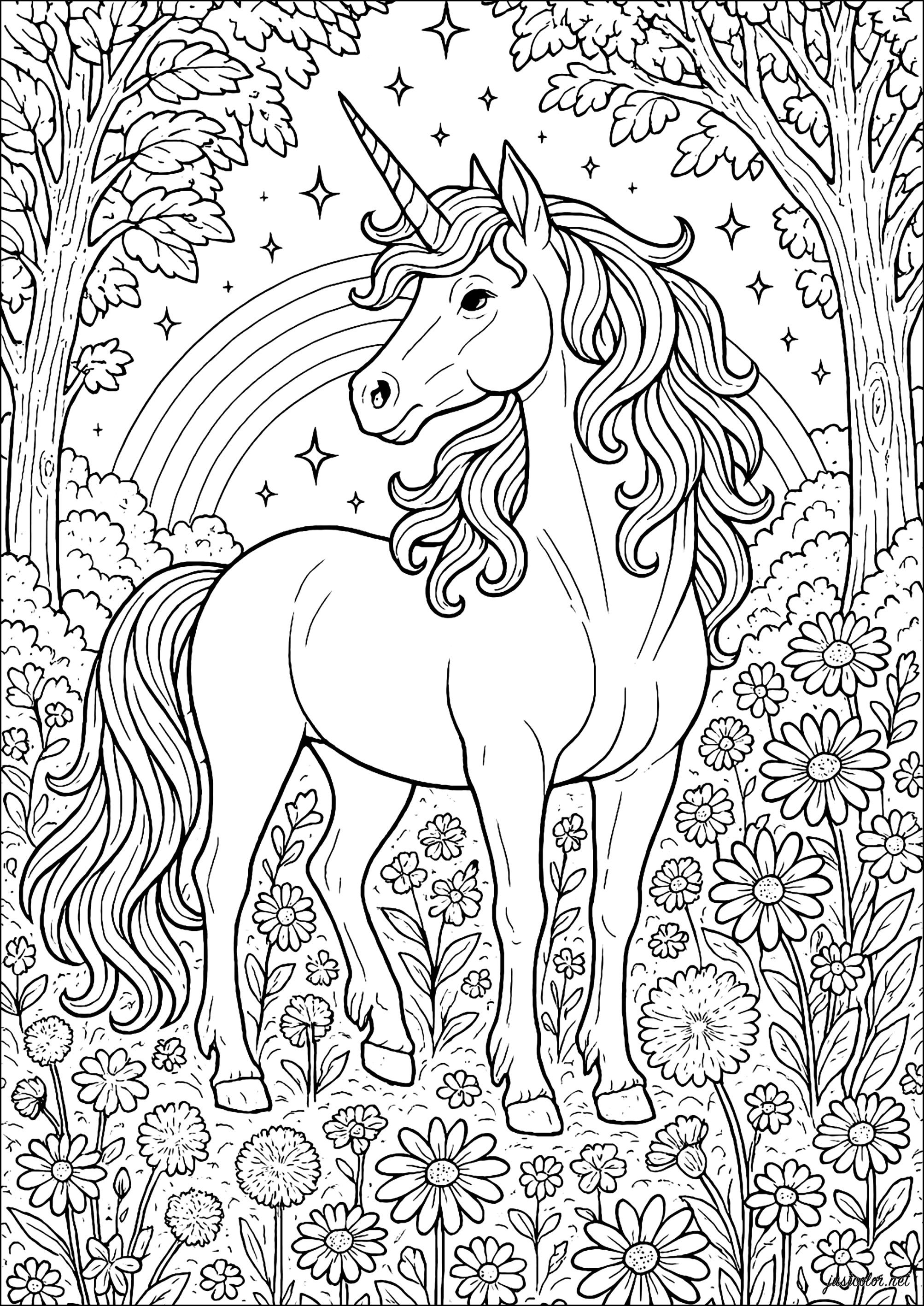 Unicorno nella Foresta Incantata (Pagina Unicorni da Colorare per adultos)