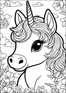 Testa di unicorno in stile Kawaii (Pagina Unicorni da Colorare)