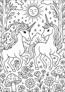 Unicorni nella Foresta Incantata (Pagina da Colorare)