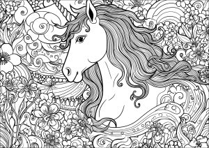 Unicorno con profilo complesso e numerosi motivi