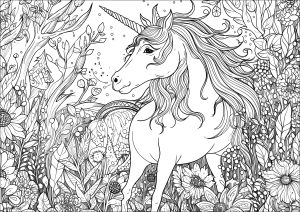 Grazioso unicorno in una foresta