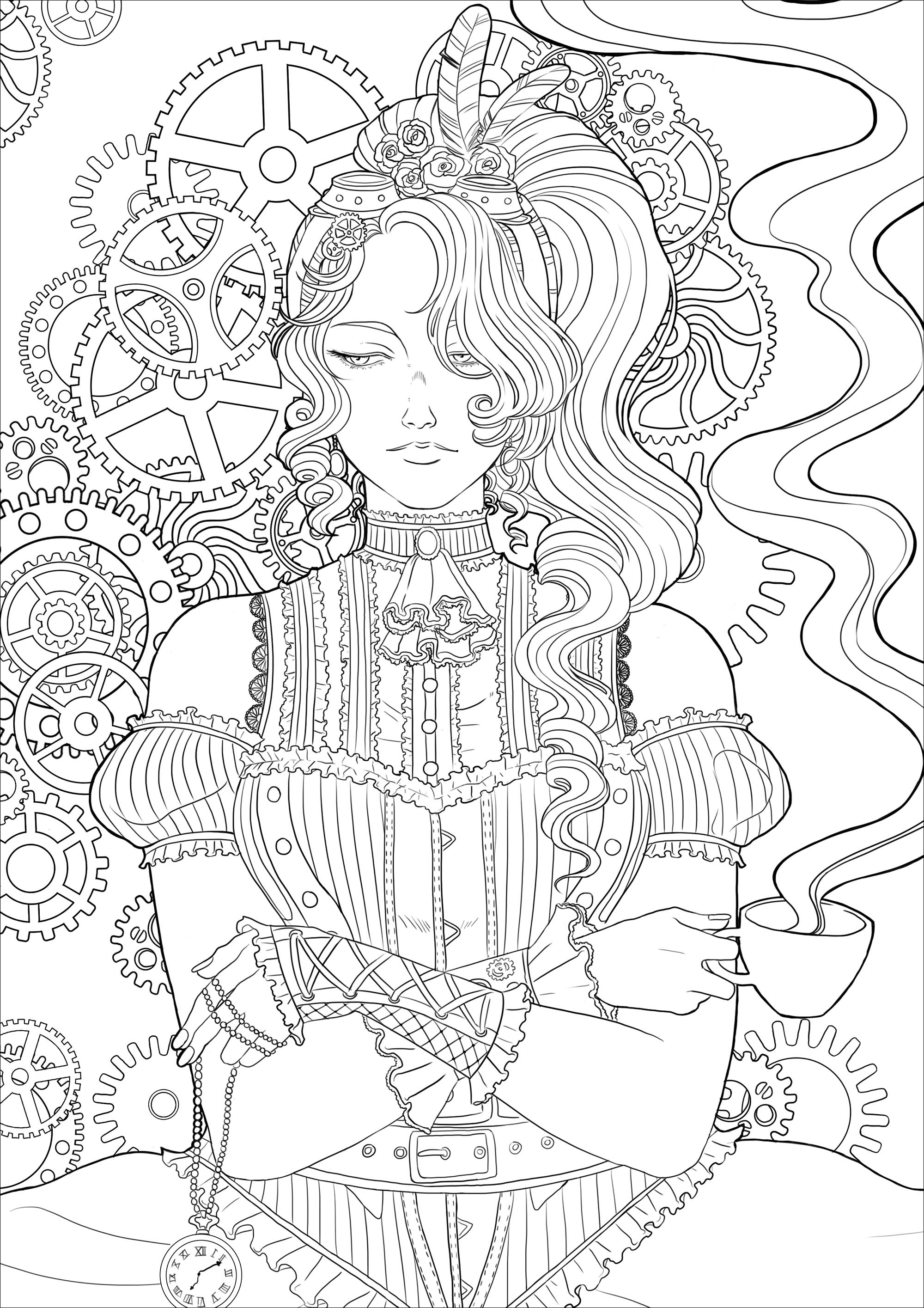 Pagina da colorare di una giovane donna malinconica con una tazza di tè, il tutto in un ambiente e con meccanismi vittoriani. Versione 2