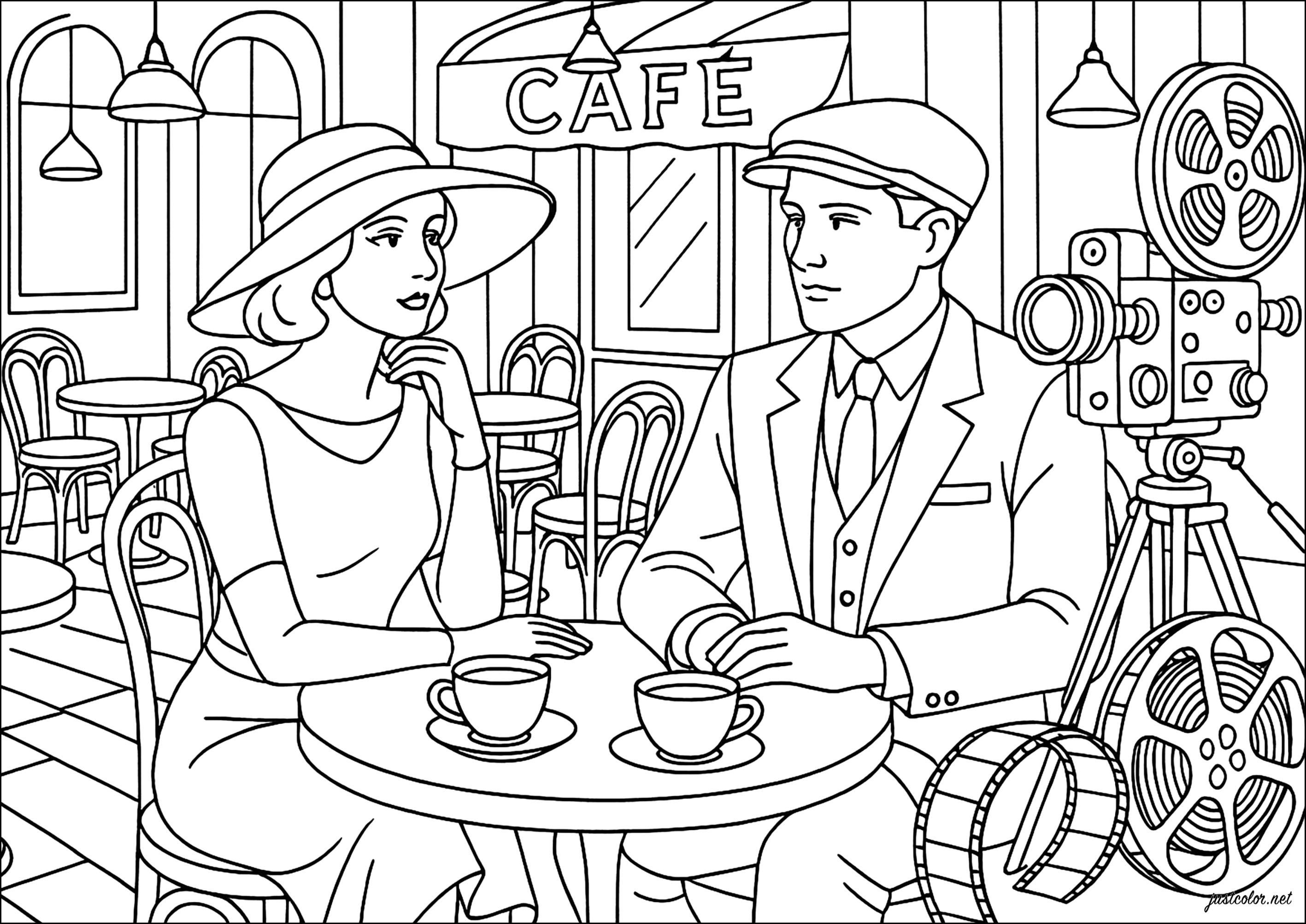 Ripresa cinematografica anni '50 in un caffè parigino (Pagina Vintage da Colorare per adultos)