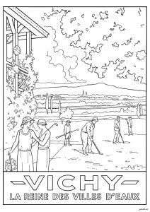 Vecchio manifesto che rappresenta la città di Vichy in Francia (Pagina Vintage da Colorare)