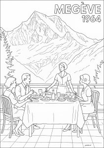 Vecchio manifesto che mostra la città di Megève nelle Alpi francesi (Pagina Vintage da Colorare)